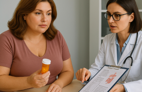 Contrave and Zyvox Drug Interactions symbolized by a concerned patient discussing a bottle of medication with her doctor.