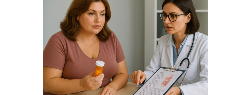 Contrave and Zyvox Drug Interactions symbolized by a concerned patient discussing a bottle of medication with her doctor.