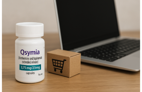 Qsymia order online is represented by a laptop computer, a bottle of Qsymia, and a shipping box.
