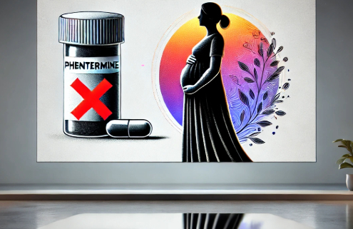 Taking Phentermine while pregnant symbolized by a pregnant woman in silouette with a phentermine pill bottle with a red X over it.