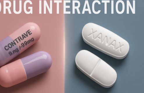 Contrave and Xanax Drug Interactions Symbolized by Contrave and Xanax capsules divided by a line.