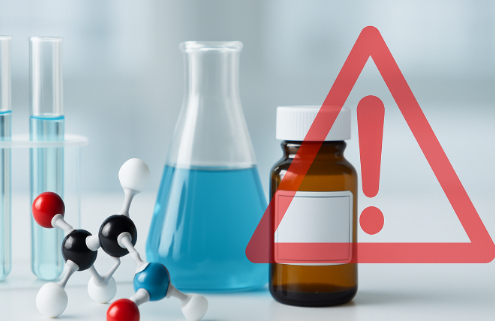Contrave and Ephedrine Drug Interactions symbolized by a laboratory beaker with fluid, test tubes, a chemical structure, a bottle of pills, and a warning symbol