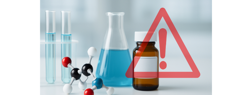 Contrave and Ephedrine Drug Interactions symbolized by a laboratory beaker with fluid, test tubes, a chemical structure, a bottle of pills, and a warning symbol