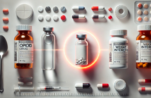 Contrave and Hydromorphone drug interactions symbolized by a variety of tablets, vials, etc, with interaction symbology.