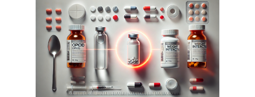 Contrave and Hydromorphone drug interactions symbolized by a variety of tablets, vials, etc, with interaction symbology.