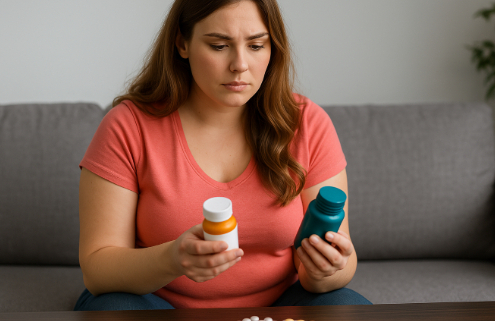 Contrave and Tegretol Drug Interactions symbolized by a worried woman looking at 2 different pill bottles.