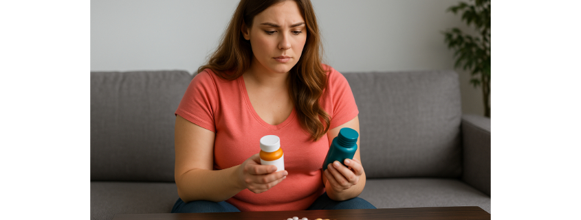Contrave and Tegretol Drug Interactions symbolized by a worried woman looking at 2 different pill bottles.