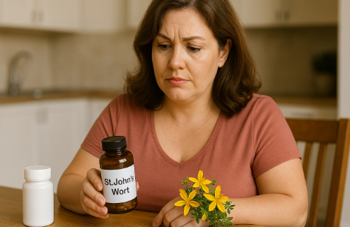 Taking Contrave and St. John's Wort Together symbolized by a woman with a worried expression looking at a bottle of St. John's Wort.