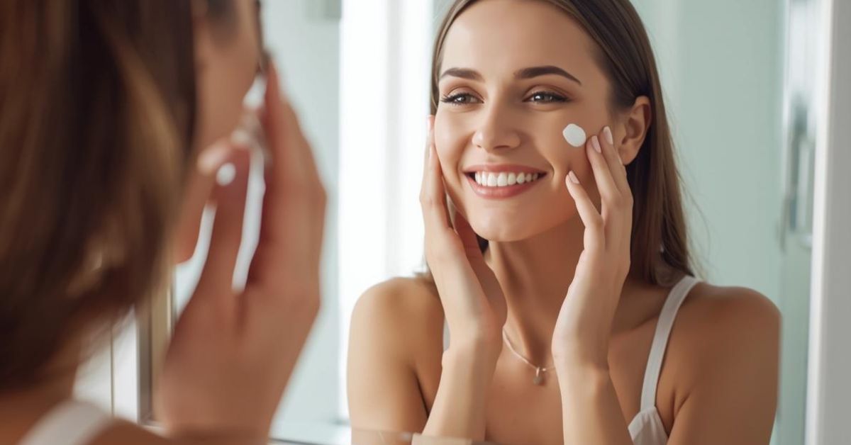 A person with clear, even-toned skin is gently applying a lightweight serum to their face while standing in front of a bathroom mirror, focusing on enhancing their natural glow and improving skin texture. This skincare routine may help treat dark spots and uneven skin tone caused by factors like sun exposure and hormonal changes.
