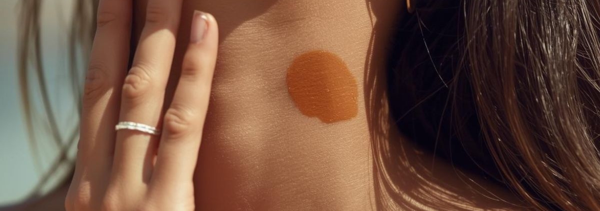 A person with light skin tones is outdoors, applying broad spectrum sunscreen to their neck and jawline area to protect against sun exposure and there is a dark spot present