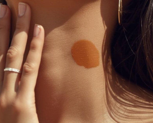 A person with light skin tones is outdoors, applying broad spectrum sunscreen to their neck and jawline area to protect against sun exposure and there is a dark spot present