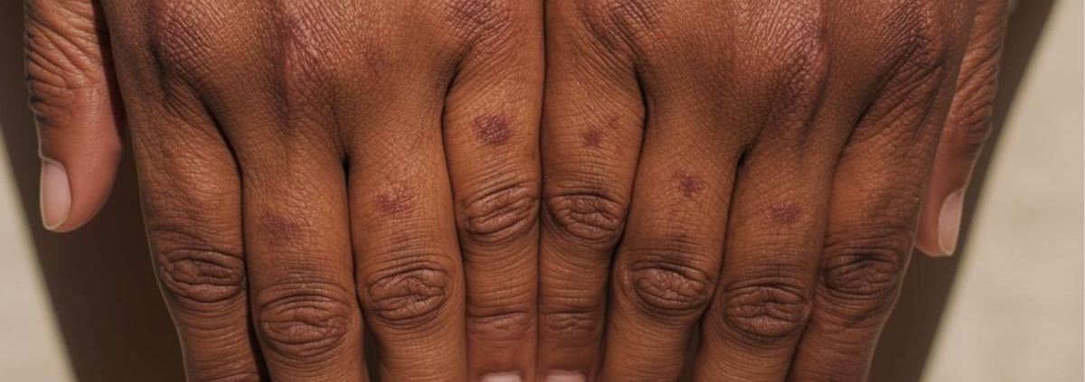 A close-up image of hands reveals visible sun spots, also known as age spots or solar lentigines, on darker skin tones, highlighting the effects of sun exposure and skin pigmentation changes. The natural lighting accentuates the appearance of dark patches, suggesting the need for sun protection and effective skincare routines to manage skin discoloration.