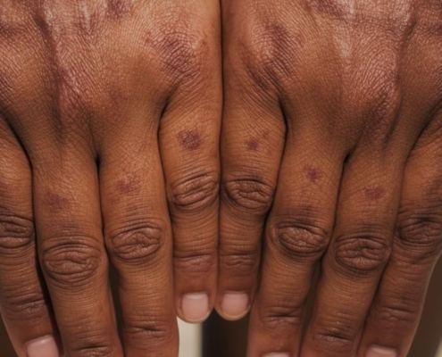 A close-up image of hands reveals visible sun spots, also known as age spots or solar lentigines, on darker skin tones, highlighting the effects of sun exposure and skin pigmentation changes. The natural lighting accentuates the appearance of dark patches, suggesting the need for sun protection and effective skincare routines to manage skin discoloration.