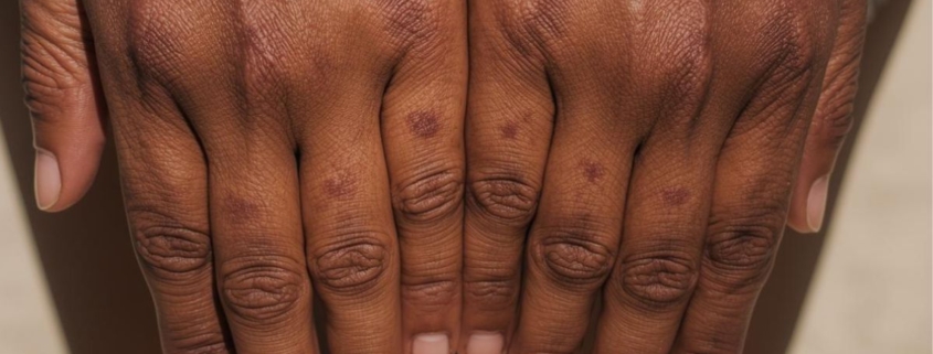 A close-up image of hands reveals visible sun spots, also known as age spots or solar lentigines, on darker skin tones, highlighting the effects of sun exposure and skin pigmentation changes. The natural lighting accentuates the appearance of dark patches, suggesting the need for sun protection and effective skincare routines to manage skin discoloration.