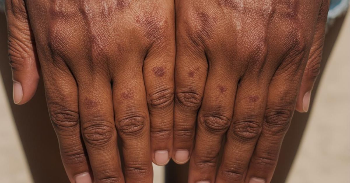 A close-up image of hands reveals visible sun spots, also known as age spots or solar lentigines, on darker skin tones, highlighting the effects of sun exposure and skin pigmentation changes. The natural lighting accentuates the appearance of dark patches, suggesting the need for sun protection and effective skincare routines to manage skin discoloration.
