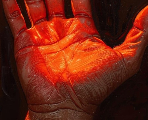 bright red light shining on skin that is an older hand
