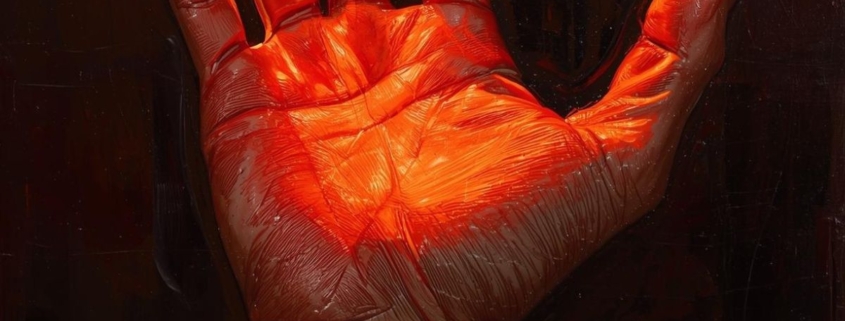 bright red light shining on skin that is an older hand