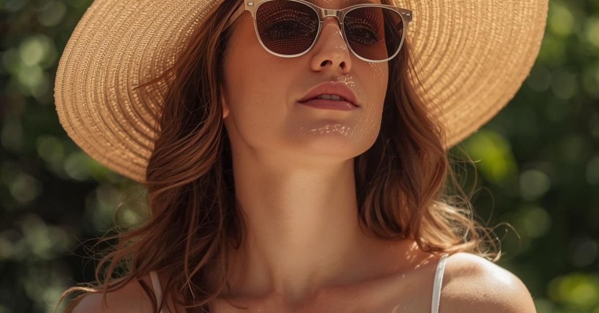 A person wearing a wide-brimmed hat and sunglasses stands outdoors in bright sunlight, surrounded by lush greenery. This scene highlights the importance of sun protection to prevent skin conditions such as hyperpigmentation and dark spots, especially for those with darker skin tones.