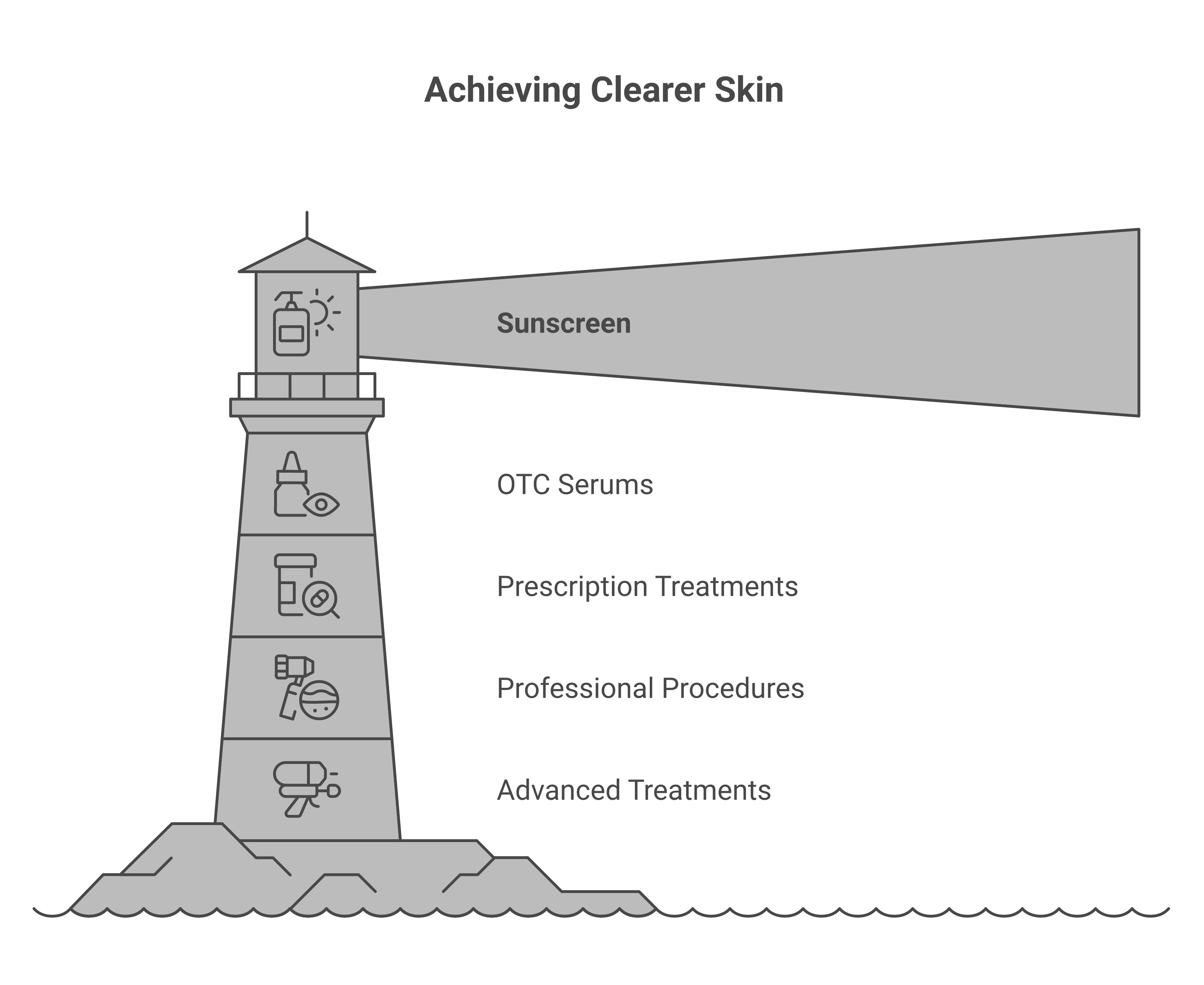 Step-by-step treatment ladder for removing dark spots from face, from sunscreen and OTC serums through prescription treatments to laser procedures with timeline estimates