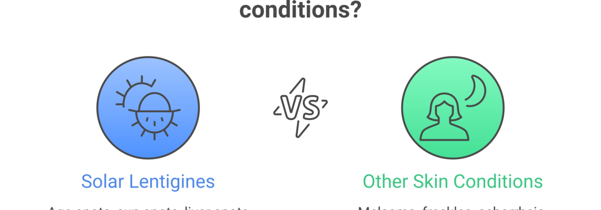 Comparison showing age spots, sun spots, and liver spots are the same condition called solar lentigines