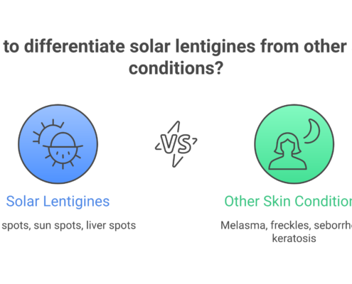 Comparison showing age spots, sun spots, and liver spots are the same condition called solar lentigines