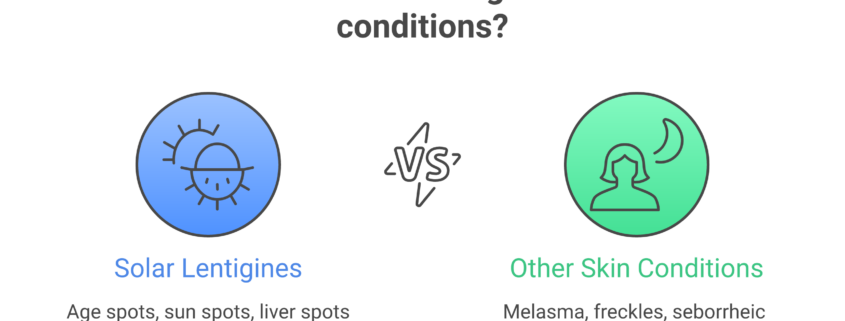 Comparison showing age spots, sun spots, and liver spots are the same condition called solar lentigines